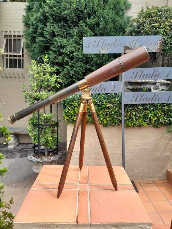 An Antique Rare Original Brass Telescope On Brass & Mahogany Tripod Stand