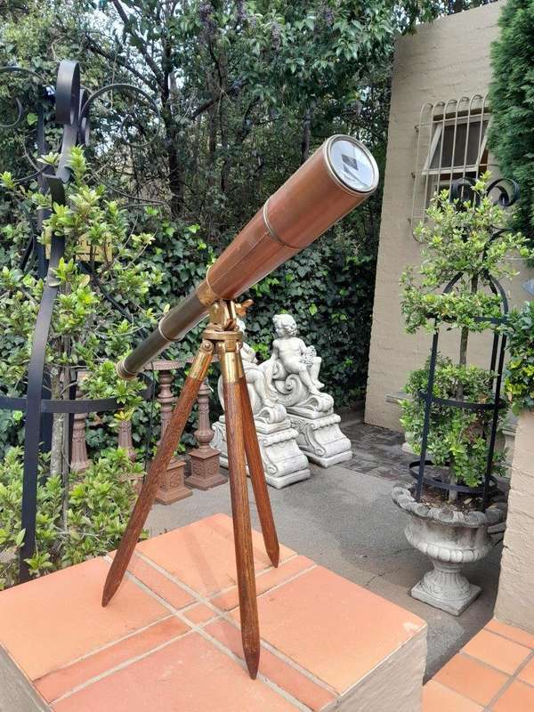 An Antique Rare Original Brass Telescope On Brass & Mahogany Tripod Stand