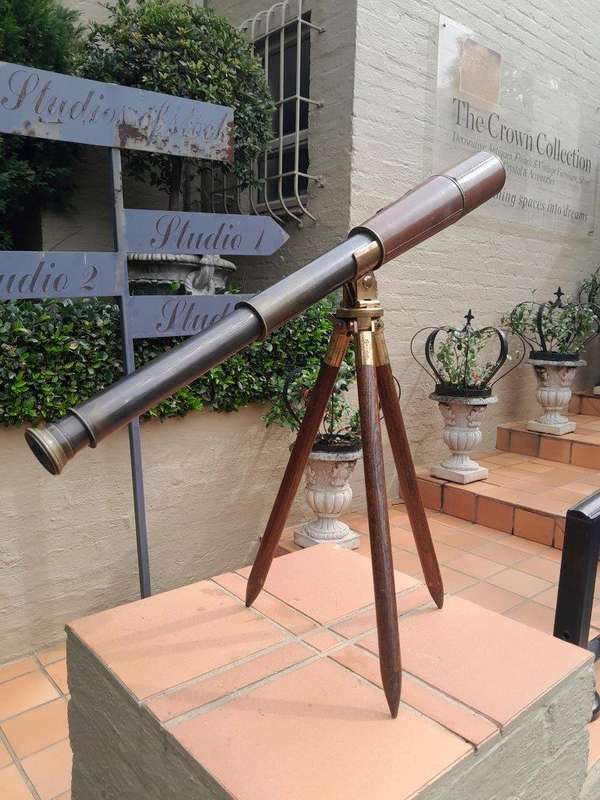 An Antique Rare Original Brass Telescope On Brass & Mahogany Tripod Stand