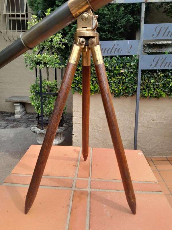 An Antique Rare Original Brass Telescope On Brass & Mahogany Tripod Stand
