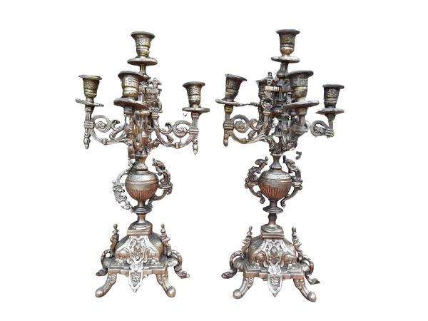 A 20th Century Pair Of French Baroque Style Brass Candelabras / Candle Holders With Patina
