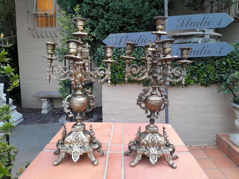 A 20th Century Pair Of French Baroque Style Brass Candelabras / Candle Holders With Patina