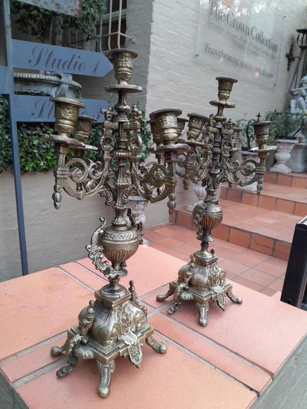 A 20th Century Pair Of French Baroque Style Brass Candelabras / Candle Holders With Patina