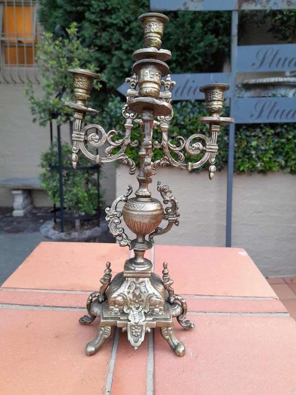 A 20th Century Pair Of French Baroque Style Brass Candelabras / Candle Holders With Patina