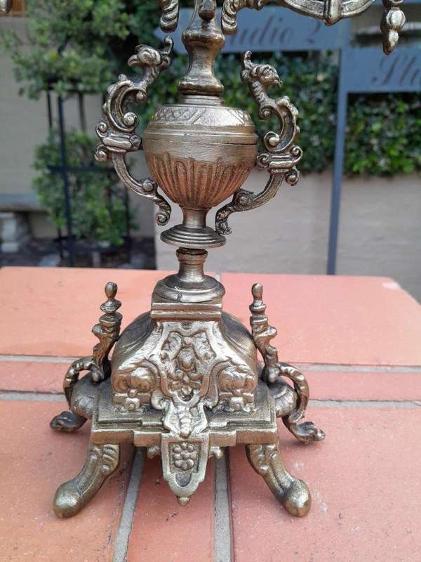 A 20th Century Pair Of French Baroque Style Brass Candelabras / Candle Holders With Patina