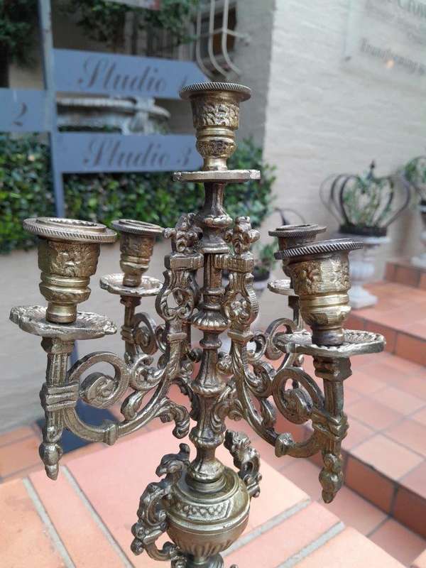 A 20th Century Pair Of French Baroque Style Brass Candelabras / Candle Holders With Patina