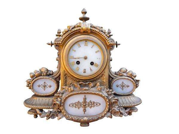An Antique 19th Century French Gilt Metal Clock With Pendulum And Key In Working Condition