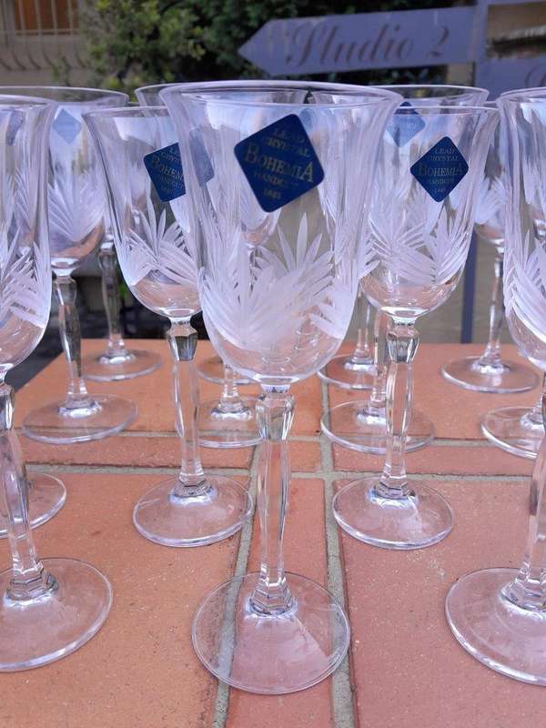 A Set Of Fifteen Bohemia Hand-Cut Crystal Red And White Wine Glasses In Boxes (Comprising Eight ...