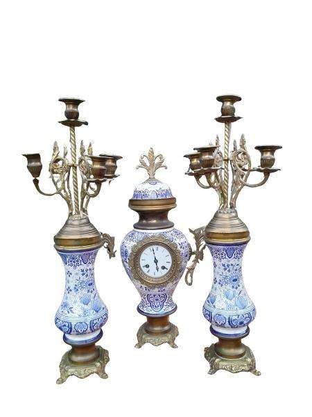An Antique 19Th Century Blue / White Dutch Garniture Set With Key And Pendulum