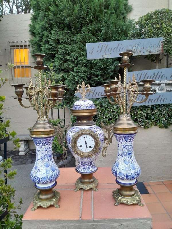 An Antique 19Th Century Blue / White Dutch Garniture Set With Key And Pendulum