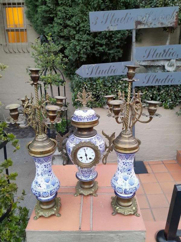 An Antique 19Th Century Blue / White Dutch Garniture Set With Key And Pendulum