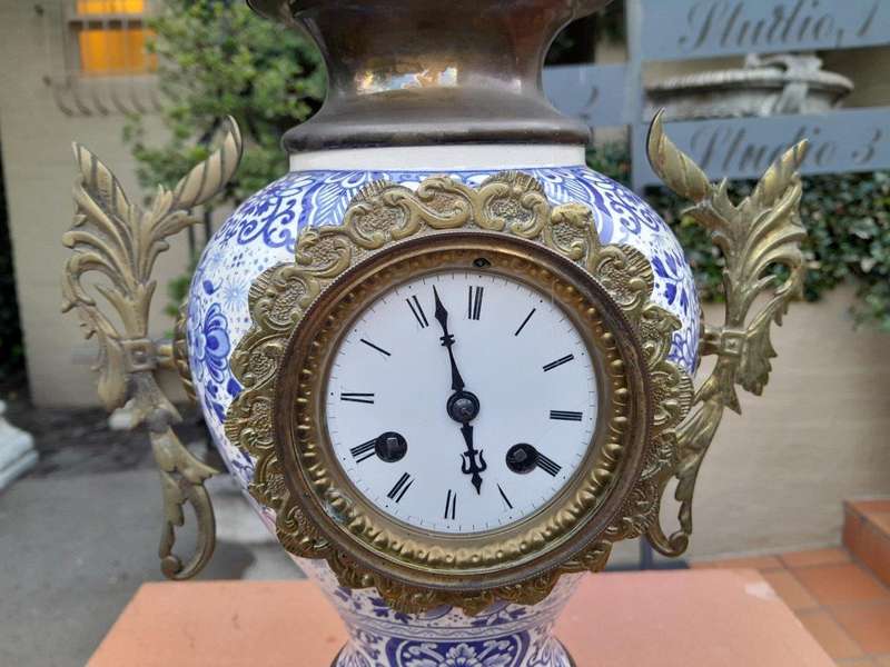 An Antique 19Th Century Blue / White Dutch Garniture Set With Key And Pendulum