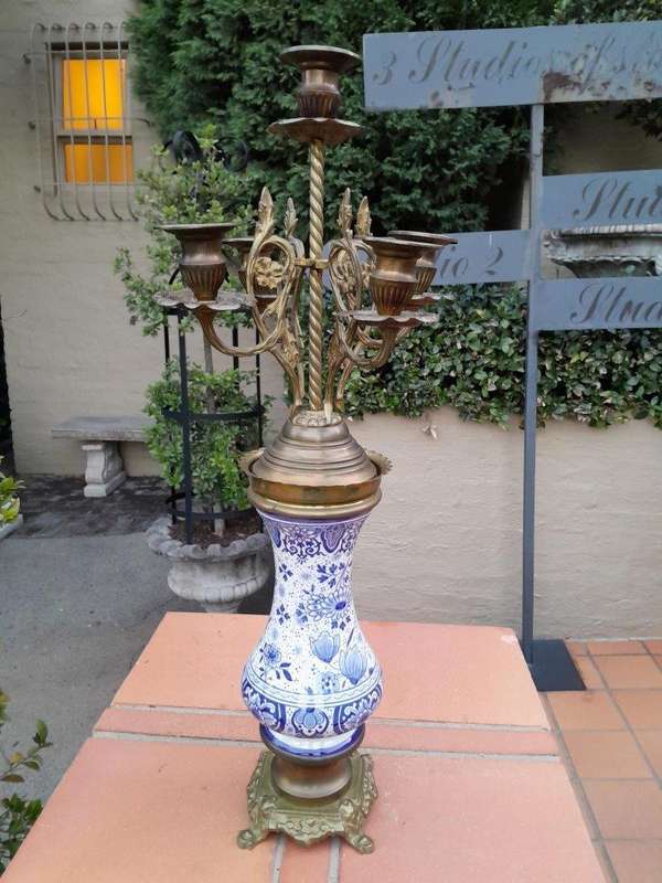 An Antique 19Th Century Blue / White Dutch Garniture Set With Key And Pendulum