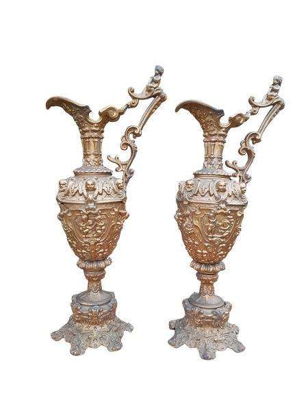 An Antique 19th Century Pair Of Revival Style Gilt Metal Ewers Of Large Proportions