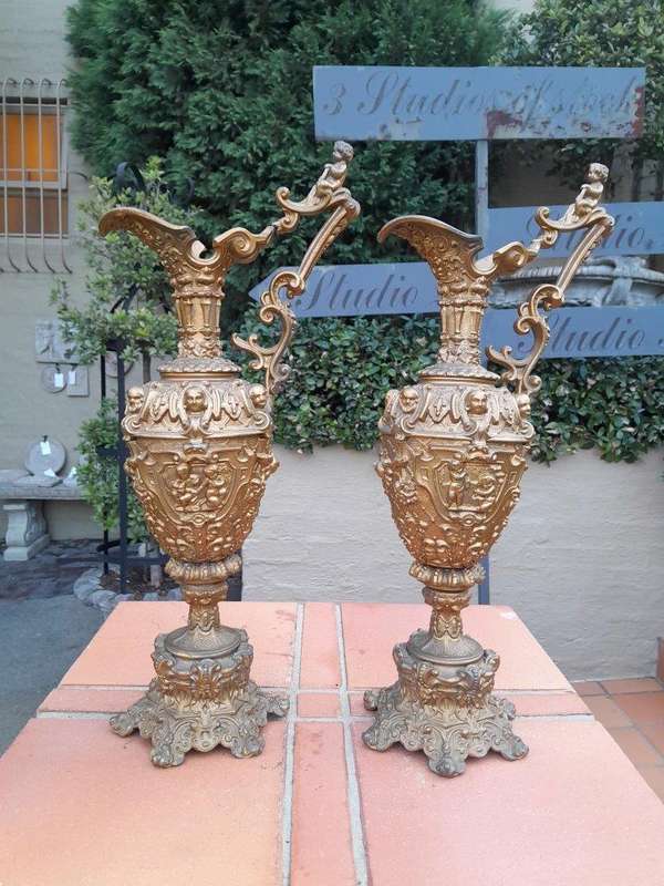 An Antique 19th Century Pair Of Revival Style Gilt Metal Ewers Of Large Proportions