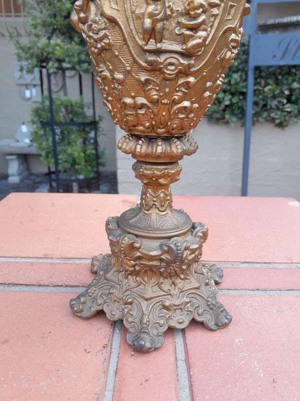 An Antique 19th Century Pair Of Revival Style Gilt Metal Ewers Of Large Proportions