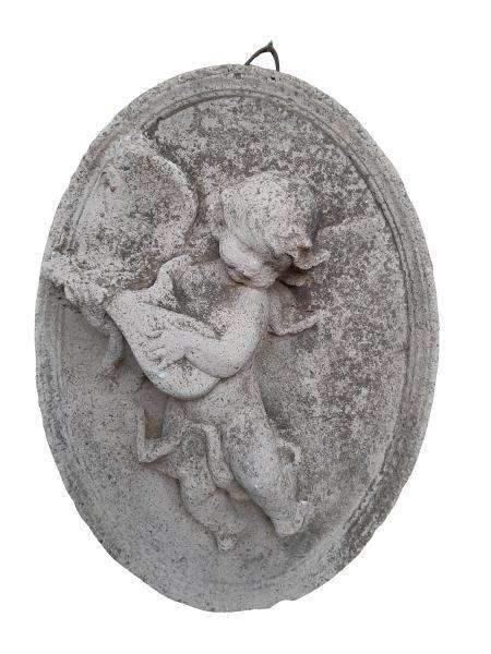 A Concrete Relief Oval Sculpture Of An Ornate Cherub Plaque