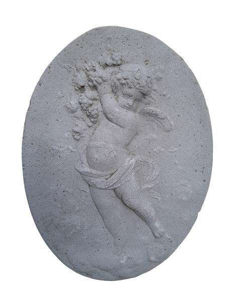 A Concrete Relief Oval Sculpture Of An Ornate Cherub Plaque