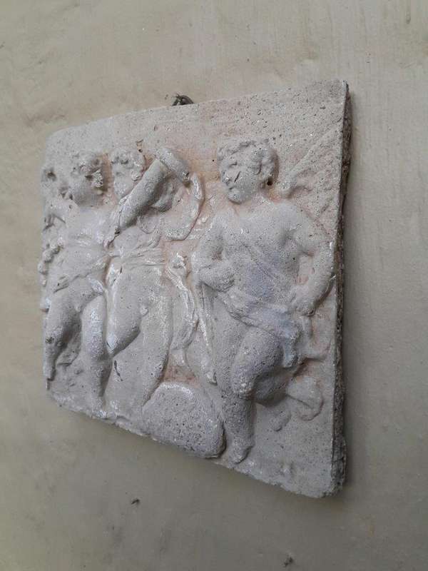 A Concrete Relief Plaque Sculpture With 3 Putti (Cherubs) In A Mythological Scene