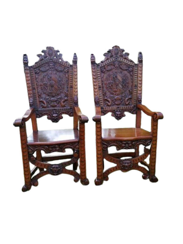 A Pair of Carved Continental Throne / King Chairs