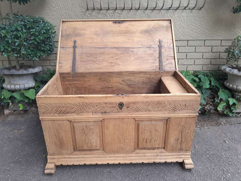 An Antique 19h Century Circa 1824 Carved Oak Wood Kist (Could be used as a Coffee Table) in a Ble...