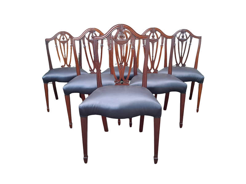 An 18th Century Circa 1790 Fine and Rare Set of Six George lll Hepplewhite Period Mahogany Shield...