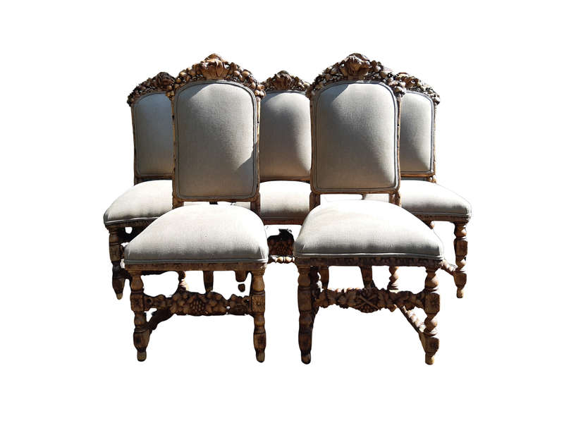 Set of 5 19th-Century Carved Oak Dining Chairs upholstered
