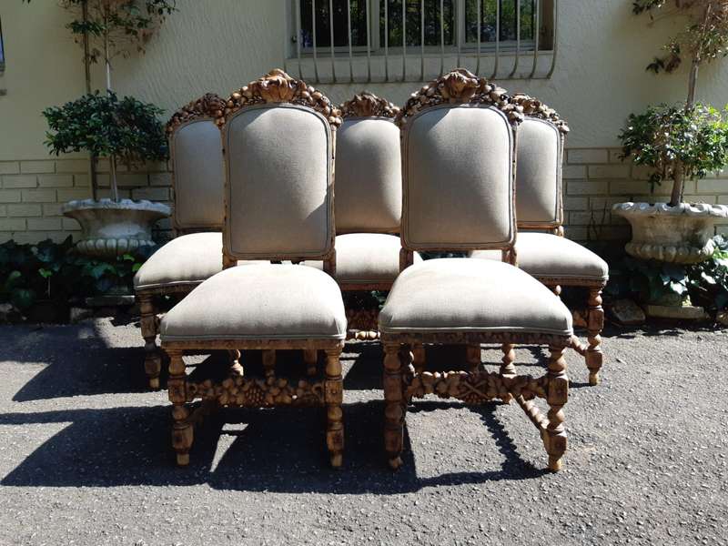 Set of 5 19th-Century Carved Oak Dining Chairs upholstered