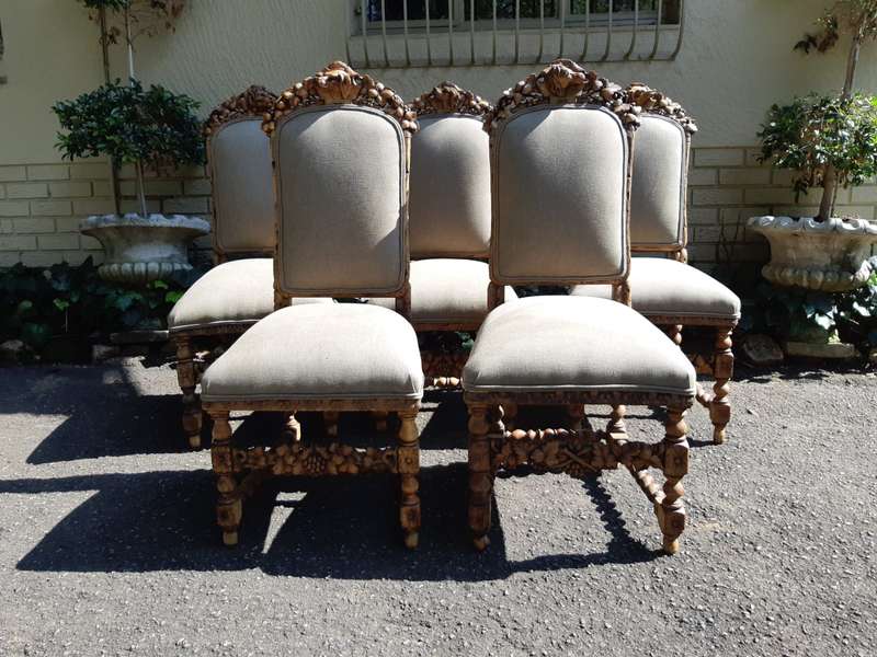 Set of 5 19th-Century Carved Oak Dining Chairs upholstered