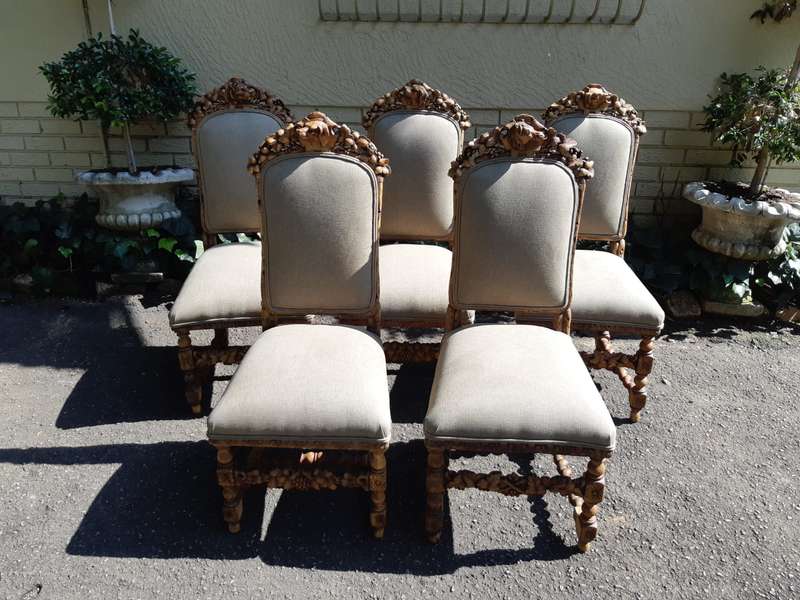 Set of 5 19th-Century Carved Oak Dining Chairs upholstered