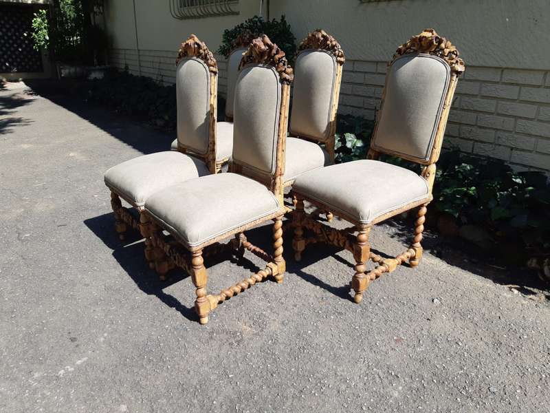 Set of 5 19th-Century Carved Oak Dining Chairs upholstered