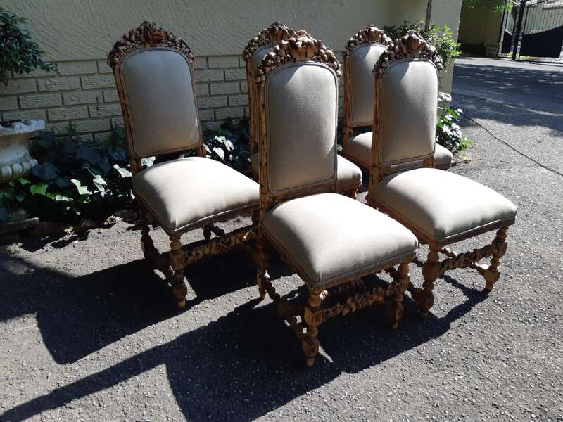 Set of 5 19th-Century Carved Oak Dining Chairs upholstered