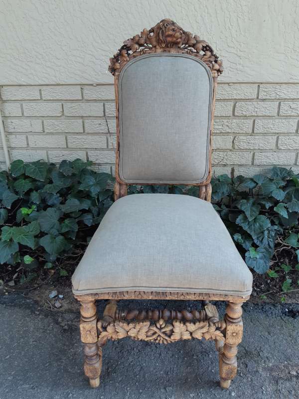 Set of 5 19th-Century Carved Oak Dining Chairs upholstered