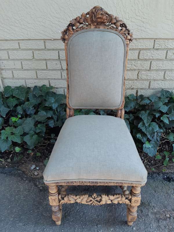 Set of 5 19th-Century Carved Oak Dining Chairs upholstered