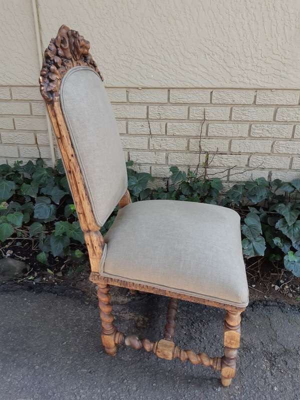 Set of 5 19th-Century Carved Oak Dining Chairs upholstered