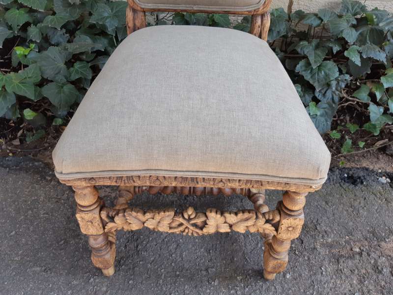 Set of 5 19th-Century Carved Oak Dining Chairs upholstered