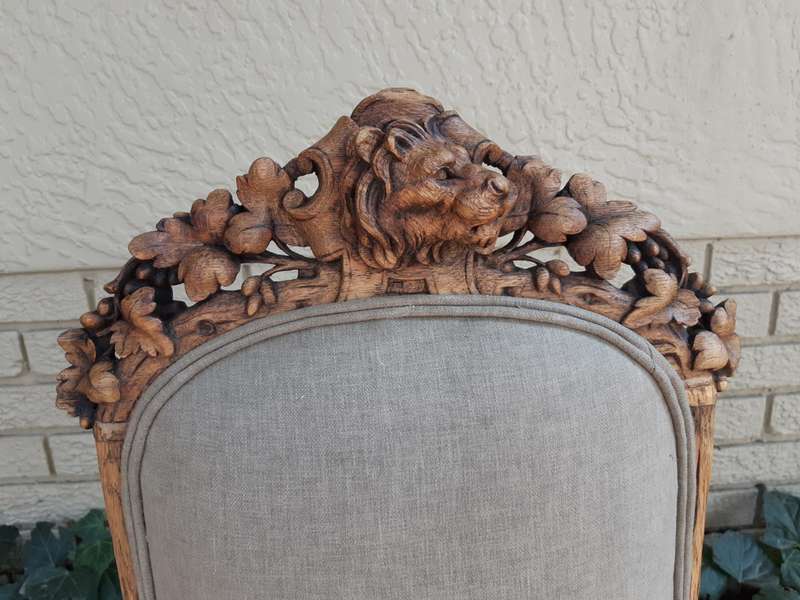 Set of 5 19th-Century Carved Oak Dining Chairs upholstered