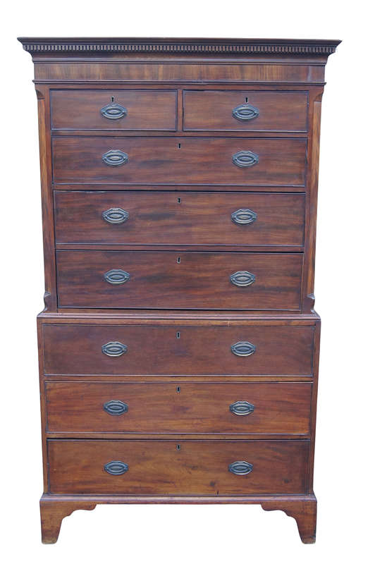 An 18th Century/ Circa 1770 George III Mahogany and Crossbanded Chest on Chest with Original Handles