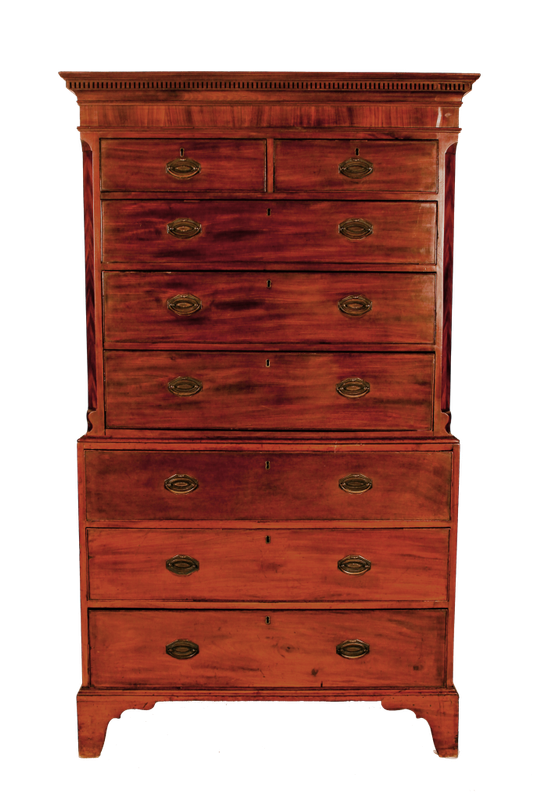 An 18th Century/ Circa 1770 George III Mahogany and Crossbanded Chest on Chest with Original Handles
