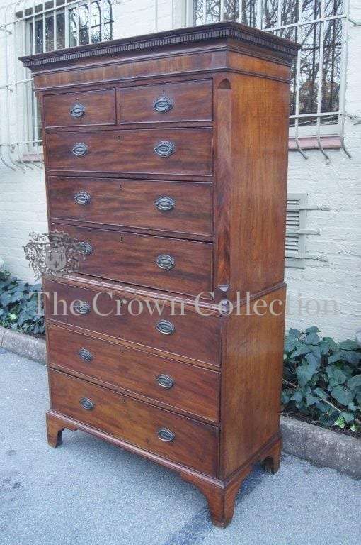An 18th Century/ Circa 1770 George III Mahogany and Crossbanded Chest on Chest with Original Handles