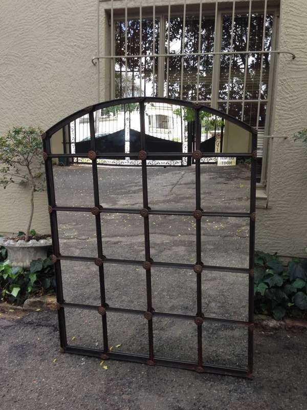 Wrought Iron Arched Window Pane Mirror - Rust
