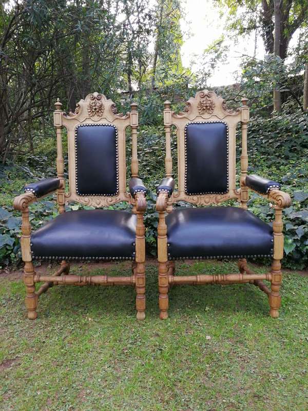 Pair 19th Century Carved Bleached / Natural Oak Carver Chairs  upholstered