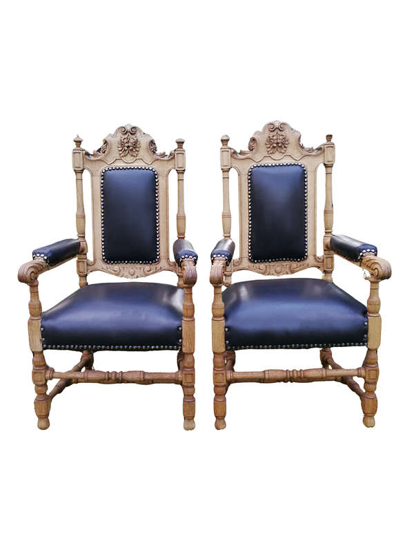 Pair 19th Century Carved Bleached / Natural Oak Carver Chairs  upholstered