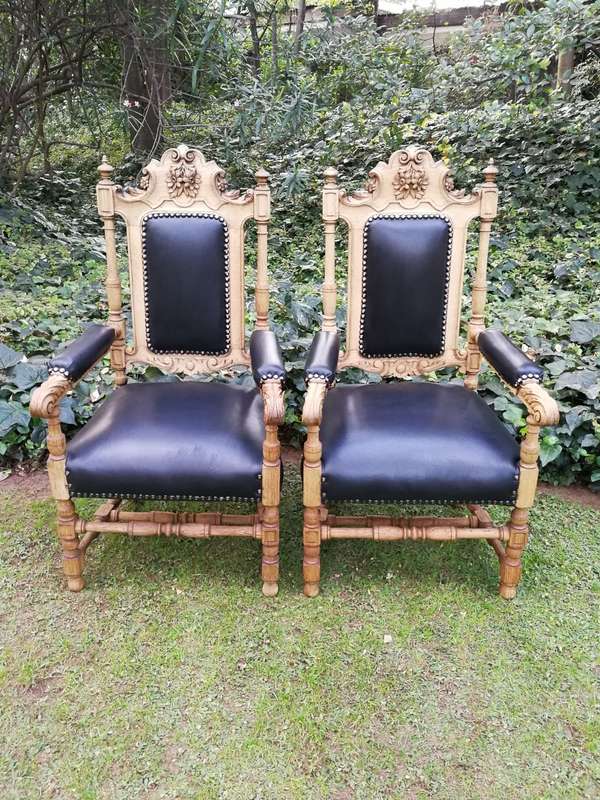 Pair 19th Century Carved Bleached / Natural Oak Carver Chairs  upholstered