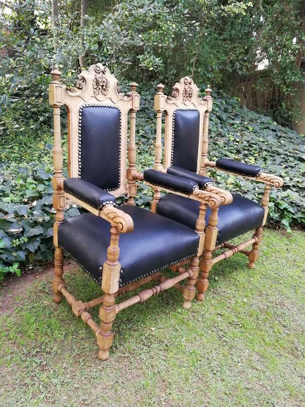 Pair 19th Century Carved Bleached / Natural Oak Carver Chairs  upholstered