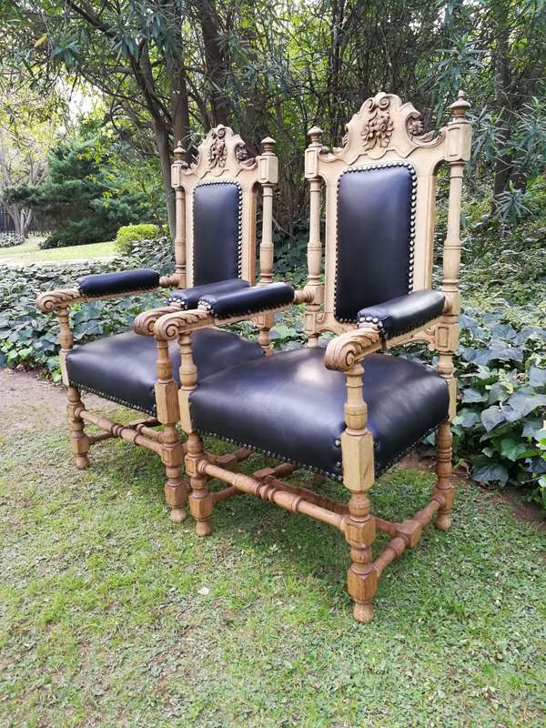 Pair 19th Century Carved Bleached / Natural Oak Carver Chairs  upholstered