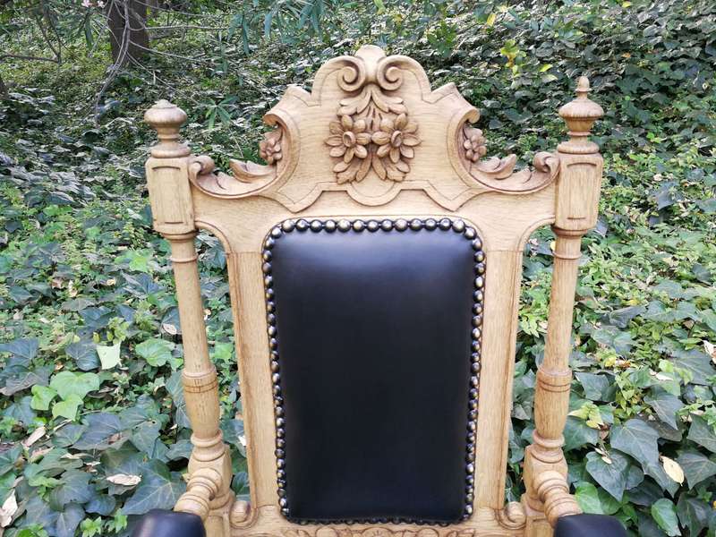 Pair 19th Century Carved Bleached / Natural Oak Carver Chairs  upholstered