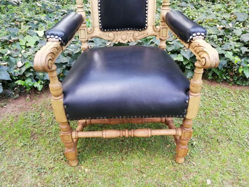 Pair 19th Century Carved Bleached / Natural Oak Carver Chairs  upholstered