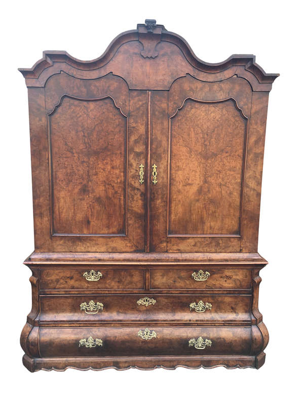 19th Century Burr Walnut Gabled Bombe Armoire in Rococo Taste, Dutch circa 1860
