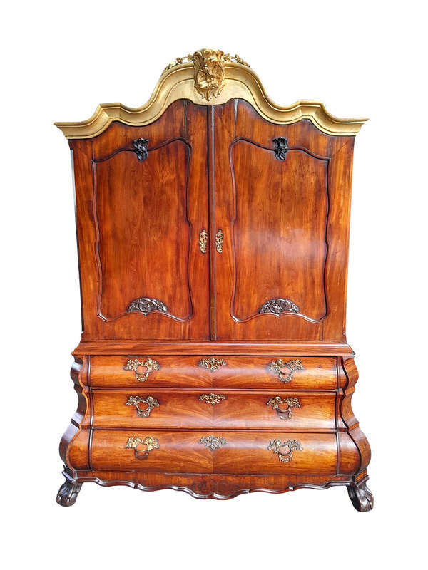 19th Century Burr Walnut Gabled Bombe Armoire in Rococo Taste, Dutch circa 1860